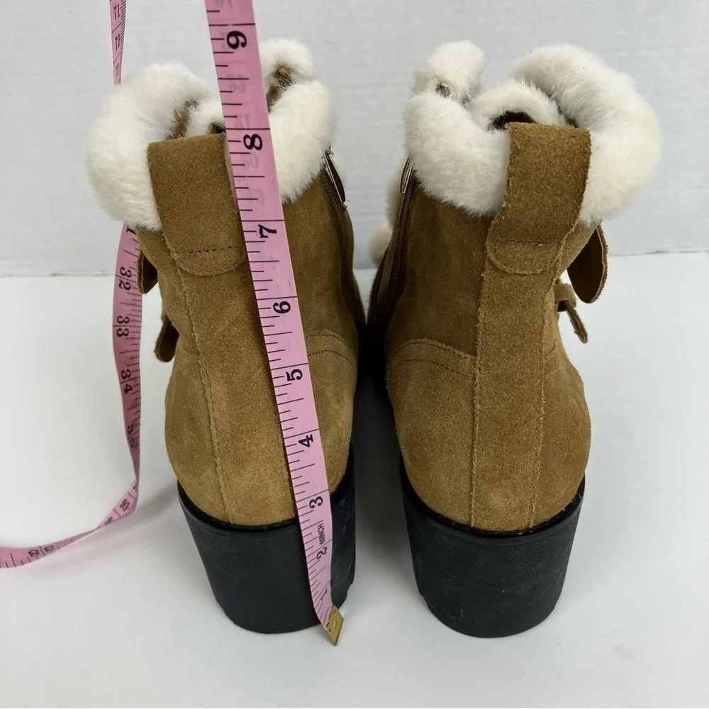 Saks Fifth Avenue Hailey Suede Chunky Winter Boots w Buckles Faux Fur Trim Sz 10